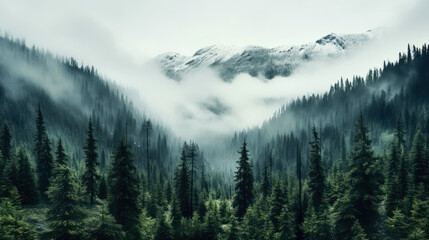 Foggy mountains landscape with coniferous forest 