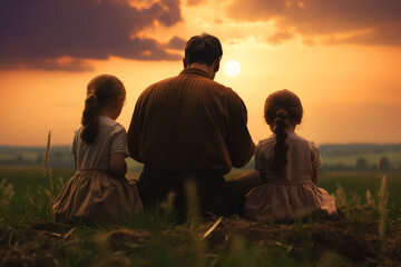 Fototapeta na wymiar Back view of father and two daughters praying in the field at sunset.