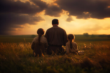 Back view of father and two daughters praying in the field at sunset.
