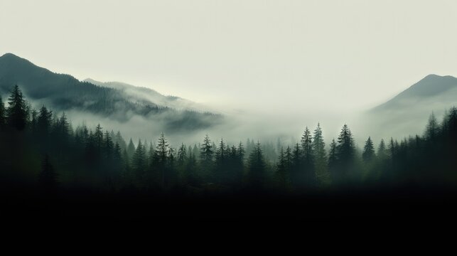 Silhouette of coniferous forest and mountains in fog.