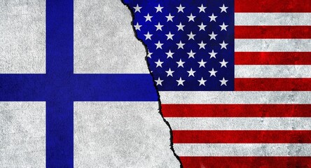 USA and Finland flag together on a textured wall. Relations between Finland and United States of America