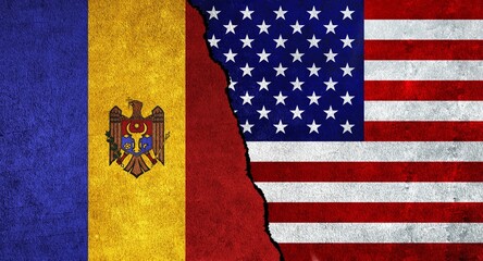 USA and Moldova flag together on a textured wall. Relations between Moldova and United States of America
