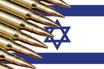 Live ammunition on the flag of Israel. Concept: war in the Middle East, arms sales, arming the army, ammunition trade, conflict with Palestine. - obrazy, fototapety, plakaty