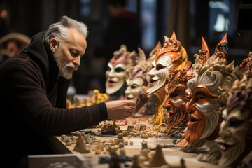 A traditional Venetian mask workshop, where visitors can craft their own masks, immersing themselves in the Carnival experience. Generative Ai.