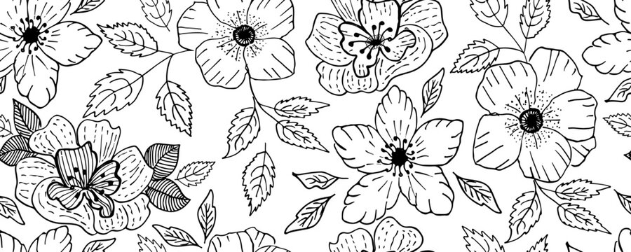 Abstract blooming ink vector seamless pattern. Freehand spring blossom natural background. Monochrome creative botanical wallpaper design. Doodle flowers with leaves. Hand drawn vector