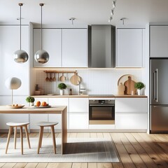 A minimalist kitchen with white cabinets, stainless steel appliances, and natural wood accents