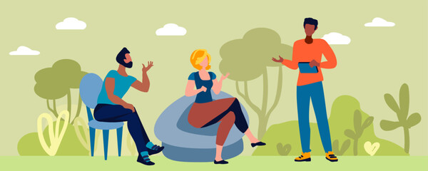 People talk against the backdrop of trees and bushes. Discussion. Friends chatting. Employee dialogues. Informal communication concept. Vector illustration