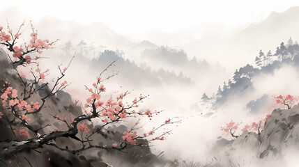 Hand-drawn beautiful Chinese style ink illustration of plum blossoms blooming in spring
