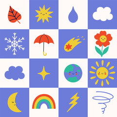 Naklejka premium Seamless checkered pattern with weather items. Vector graphics.