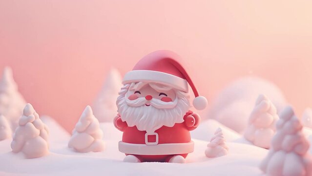 Moving Cute Santa Claus cartoon pastel colored. Merry Christmas and Happy New Year. Realistic 3d cartoon Santa Claus with funny smile, with red bag of gifts. Xmas Holiday background, web poster. illus