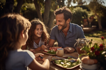 Fototapeta premium A family sharing a laughter-filled picnic in a park, emphasizing the importance of social connections in a healthy lifestyle. Concept of communal well-being. Generative Ai.