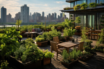 Fototapeta premium A lush rooftop garden providing a tranquil space for urban dwellers to connect with nature and practice mindful gardening. Concept of urban green living. Generative Ai.
