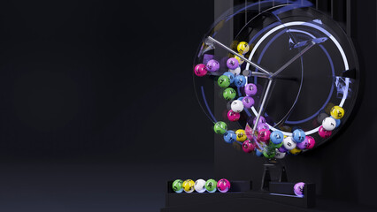 Lottery Drawing Machine on Black plain background. Colorful Lotto balls. 3d rendering