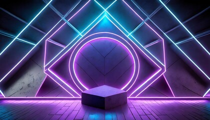 3d render abstract geometric background with shapes and neon lines glowing in ultraviolet light...