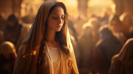 Beautiful young woman with long hair on the background of the church. Biblical character