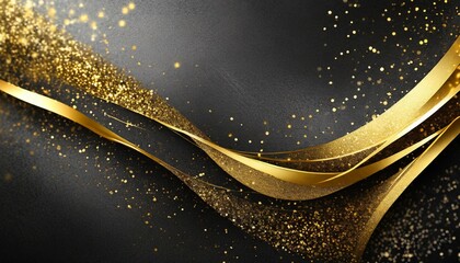 dark grey black abstract background with golden particles wavy curve lines design smoky festive...