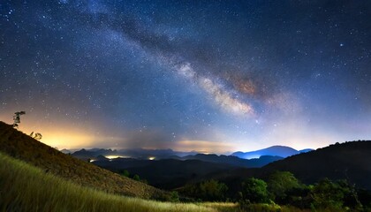 milky way night colorful landscape with stars starry sky with hills at summer space background with galaxy at mountains nature background with blue milky way universe - obrazy, fototapety, plakaty