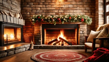 christmas time cozy fireplace wood logs burning fire bricks background relaxation and warm home