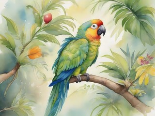 Un loro caprichoso y único, con sus plumas una mezcla de brillantes tonos de acuarela, posado en la rama de un árbol 