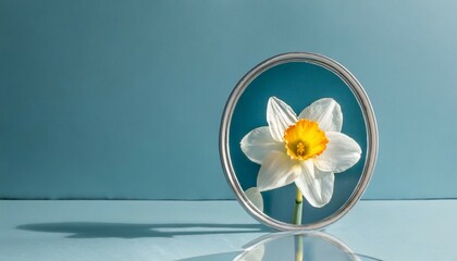 pastel blue background with a narcissus flower reflecting in a mirror minimal concept symbolizing self awareness and pride generative ai - obrazy, fototapety, plakaty