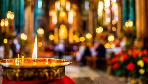 closeup of a burning candel in a church blurred bokeh background all saints day celebration ai generated