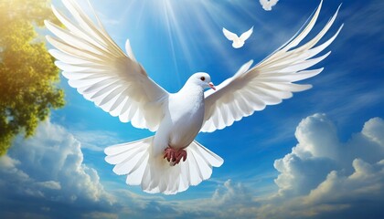 white dove of peace in the air with wings wide open against blue sky