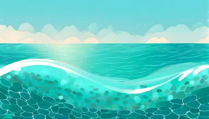 Rolgordijnen ocean water wave copy space for text blue teal turquoise happy cartoon wave for pool party or ocean beach travel web banner backdrop background graphic illustration © Mary