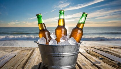 three beer bottles in bucket full of ice cubes beach generative ai - obrazy, fototapety, plakaty