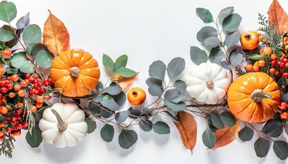 autumn floral frame web banner garland of berry eucalyptus leaves branches pear fruit orange and...