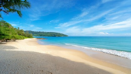 beautiful sandy beach and sea with clear blue sky background amazing beach blue sky sand sun daylight relaxation landscape view in phuket island thailand for summer and travel background - obrazy, fototapety, plakaty