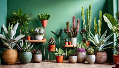 stylish composition of home garden interior filled a lot of beautiful plants cacti succulents air plant in different design pots green wall paneling template home gardening concept home jungle - obrazy, fototapety, plakaty
