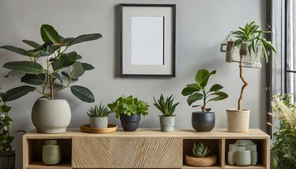 beautiful plants in various pots are shown in a stylish scandinavian environment together with a design cabinet a mock up photo frame and attractive accessories modern interior design a minimalist
