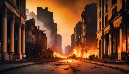 Deurstickers empty street of burnt up city apocalyptic view of city downtown as disaster film poster concept city destroyed by war © Mary