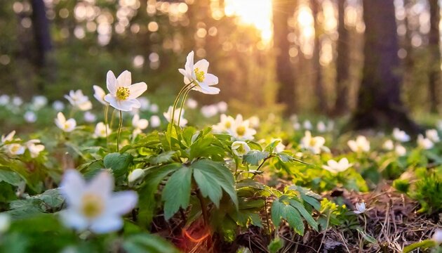 Fototapeta beautiful white flowers of anemones in spring in a forest close up in sunlight in nature spring forest landscape with flowering primroses