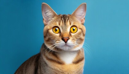 advertising portrait banner asian cat classic color yellow eyes serious straight look on blue background