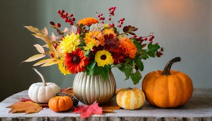 a vase with an arrangement of autumn flowers and leaves placed next to pumpkin decor