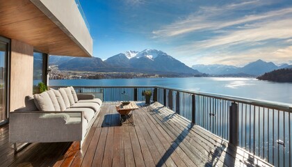 beautiful terrace of a modern penthouse lake view - obrazy, fototapety, plakaty