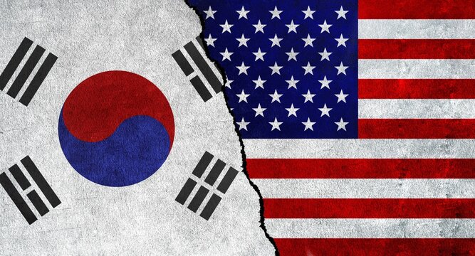 USA and South Korea flag together on a textured wall. Relations between South Korea and United States of America