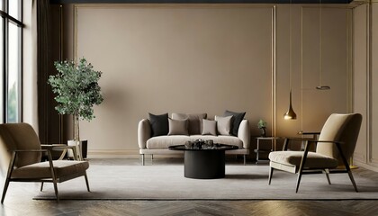 premium living room with chair and black table accent empty wall taupe beige color painted warm ivory interior design mockup art rich lux furniture and lounge reception hall 3d rendering - obrazy, fototapety, plakaty