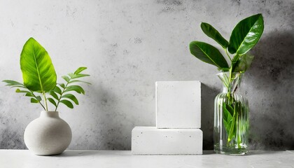 white empty concrete textured wall and podium stage background green glass vase with plants neutral sustainable natural brand product showcase template mock up with copy space - obrazy, fototapety, plakaty