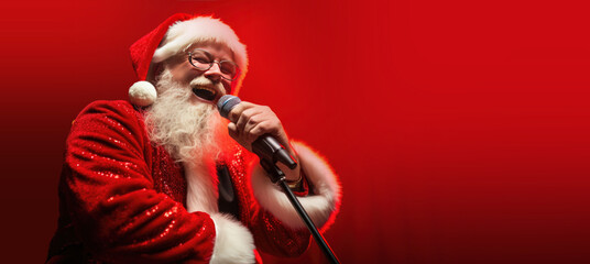 Santa Claus Singing Karaoke into a Microphone on a Red Background with Space for Copy - obrazy, fototapety, plakaty