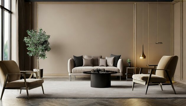premium living room with chair and black table accent empty wall taupe beige color painted warm ivory interior design mockup art rich lux furniture and lounge reception hall 3d rendering