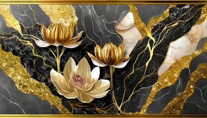 lutus flower 3d wallpaper for wall frames fractal flowers golden and black liquid marble background resin geode and abstract art functional art like geode painting ai generated - obrazy, fototapety, plakaty