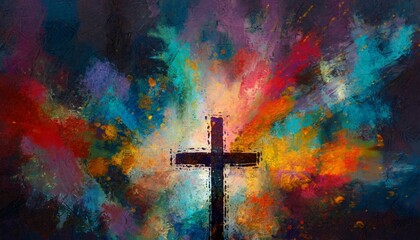 colorful painting art of an abstract dark background with cross christian illustration
