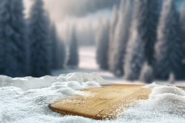 Wooden table cover of snow and frost. Empty space for your decoration. Christmas magic time and...