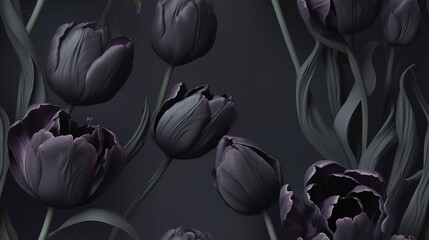 Beautiful illustration of tulips. Flowers pattern. Black tulips
 - obrazy, fototapety, plakaty
