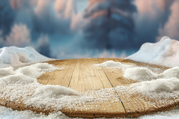 Wooden table cover of snow and frost. Empty space for your decoration. Christmas magic time and...