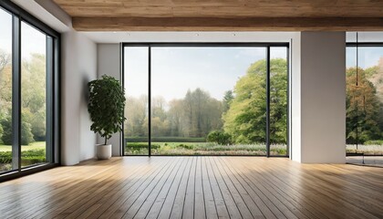 empty room of modern contemporary loft with wooden floor and large windows to garden copy space generative ai