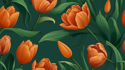 Beautiful illustration of tulips. Flowers pattern. Orange tulips
