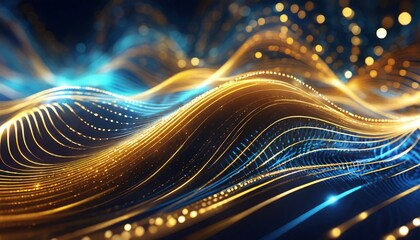 abstract futuristic background with gold and blue glowing neon moving high speed wave lines and bokeh lights visualization of sound waves data transfer concept fantastic wallpaper generative ai